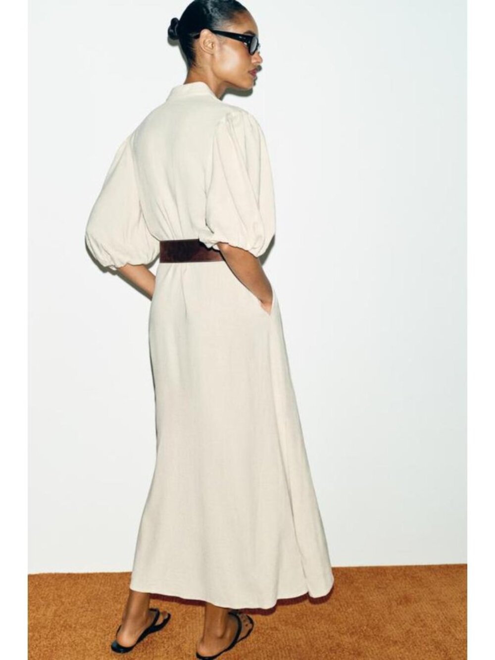 ZARA LINEN BLEND MIDI DRESS WITH BELT - Picture 6 of 9